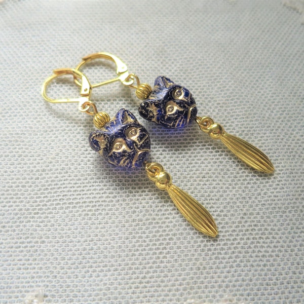 Czech Glass Cat Bead Earrings Egyptian Revival Style in Deep Blue & Antique Gold, Also in Clip Ons