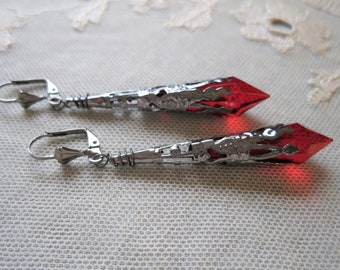 Red Vampire Earrings, Gothic Victorian Costume Jewellery, Pointed Spike Drop Gunmetal Earring, Halloween Accessory, Goth Gift Under 10