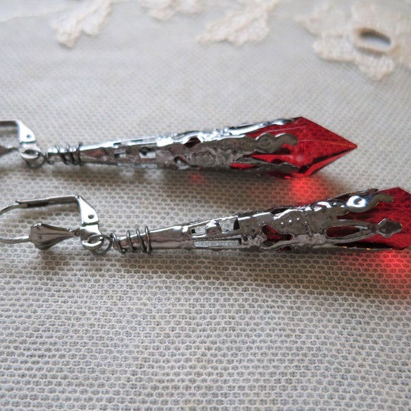 Red Vampire Earrings, Gothic Victorian Costume Jewellery, Pointed Spike Drop Gunmetal Earring, Halloween Accessory, Goth Gift Under 10
