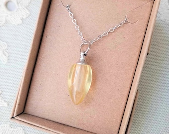 Miniature Perfume Bottle Necklace, Yellow Teardrop Glass Vial Pendant on 18 Inch Chain, Boxed Ready for Gifting