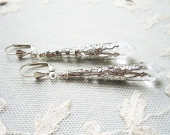 Icicle Earrings Antique Silver & Crystal Clear in Pierced or Clip On, Roaring 20s Gatsby Vintage Style Jewellery