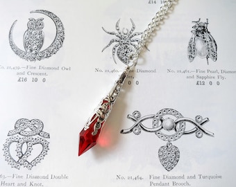 Ornate Vampire Pendulum Pendant in Red & Silver on 18" Chain, Handmade and Gift Boxed Ready to Ship