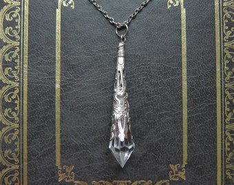 Crystal Clear Pointed Pendant Necklace on 18" Chain, Antique Silver Vintage Inspired Costume Jewellery, Packed Ready to Gift Under 10