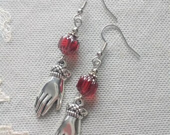 Antique Victorian Hand Earrings, Ruby Red & Antiqued Silver, Pierced or Clip On