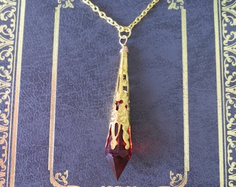 Medieval Pointed Pendant Necklace, Red & Rich Gold on 18" Chain, Costume Jewellery Under 10 Boxed Ready to Gift
