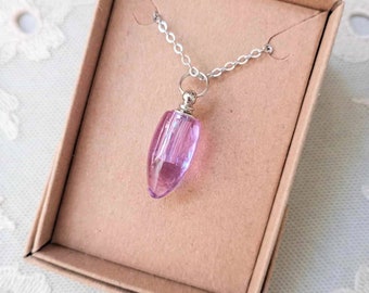 Purple Teardrop Glass Vial Pendant on 18 Inch Chain, Miniature Perfume Bottle Necklace Boxed Ready for Gifting