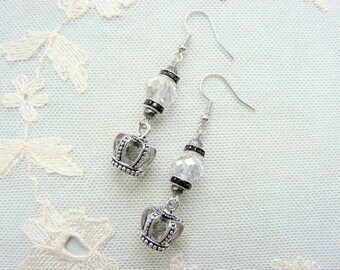 Silver Crown Dangle Earrings with Crystal Beads and Charms in an Art Deco Style, Pierced or Clip On