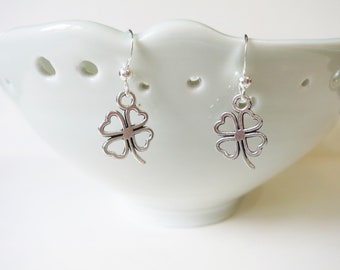 Lucky Clover Charm Earrings on Silver Plated Hooks, Good Luck Gift Under 10