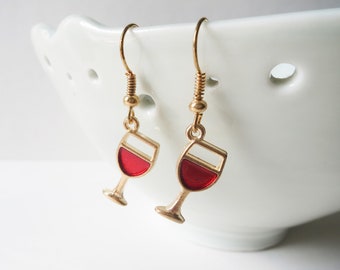 Red Wine Glass Charm Earrings, Fun Novelty Boozy Gift for Winelover, Stocking Stuffers Ideas Under 10