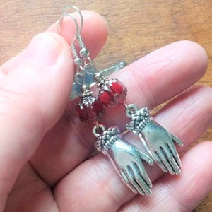 Regency Style Hand Earrings with Czech Glass Cathedral Beads in Ruby Red & Antiqued Silver, Also in Clip Ons image 2