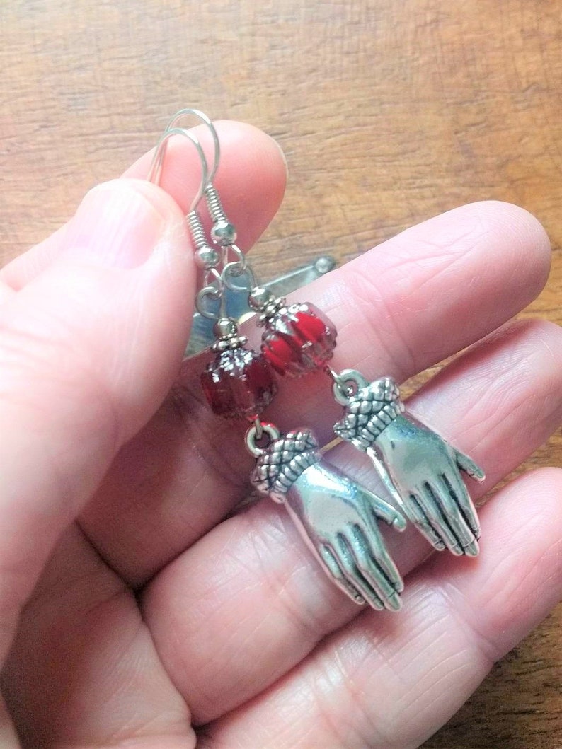 Regency Style Hand Earrings with Czech Glass Cathedral Beads in Ruby Red & Antiqued Silver, Also in Clip Ons image 2