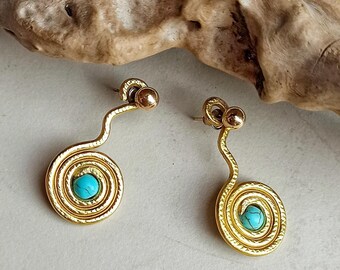 Boho Earrings with Turquoise stone, Spiral Earring jackets