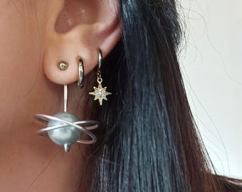 Celestial Saturn Planet Earring Jackets: Pearl Grey, Space Lover Gift