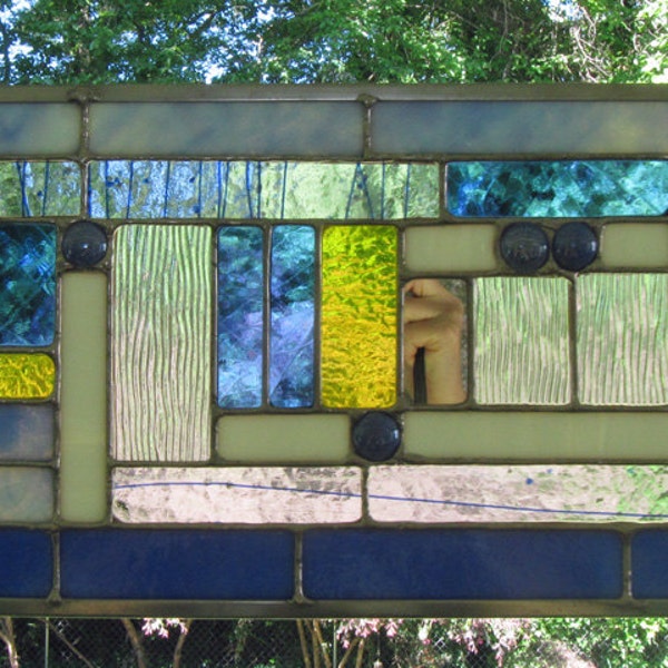 Louisiana Iris - Blue / Yellow Stained Glass Panel with Glass Gems and Fused Glass Accents