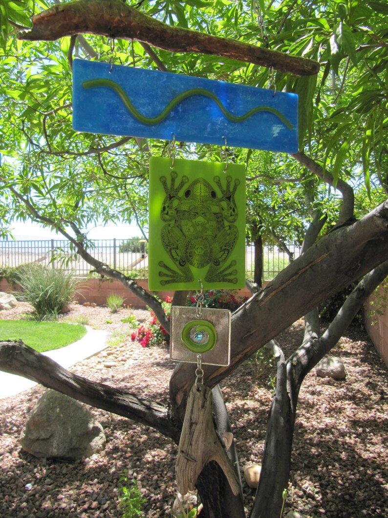 Green Frog Glass Suncatcher Mobile featuring Stained Glass and Fused Glass approx 10.5 wide x 15.5 long