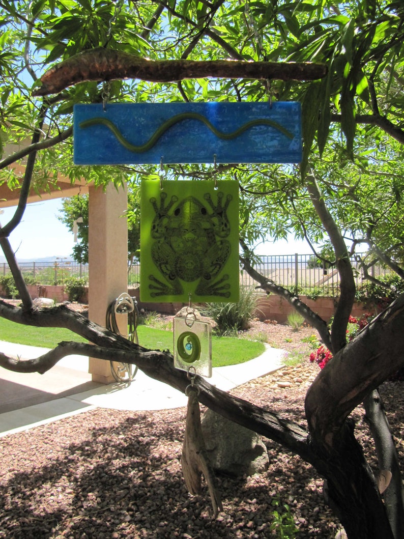 Green Frog Glass Suncatcher Mobile featuring Stained Glass and Fused Glass approx 10.5 wide x 15.5 long
