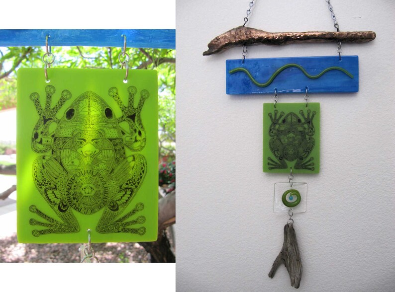 Green Frog Glass Suncatcher Mobile featuring Stained Glass and Fused Glass approx 10.5 wide x 15.5 long