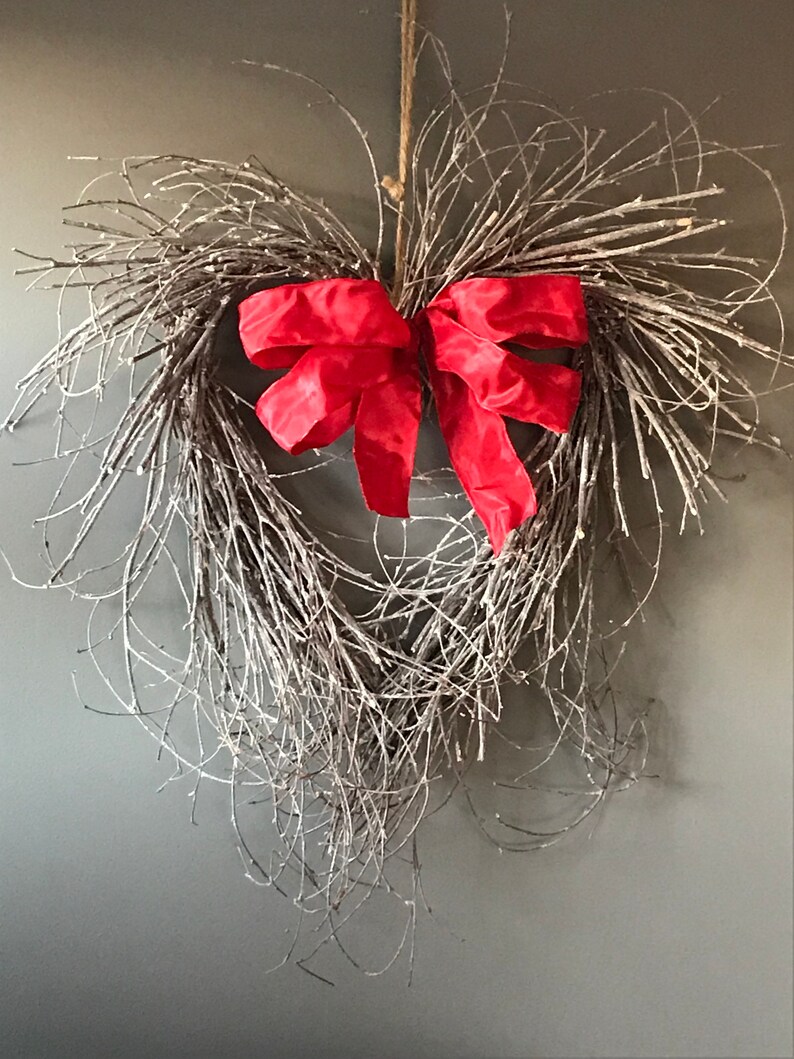 Birch twig heart wreath with red ribbon Valentines wreath Etsy