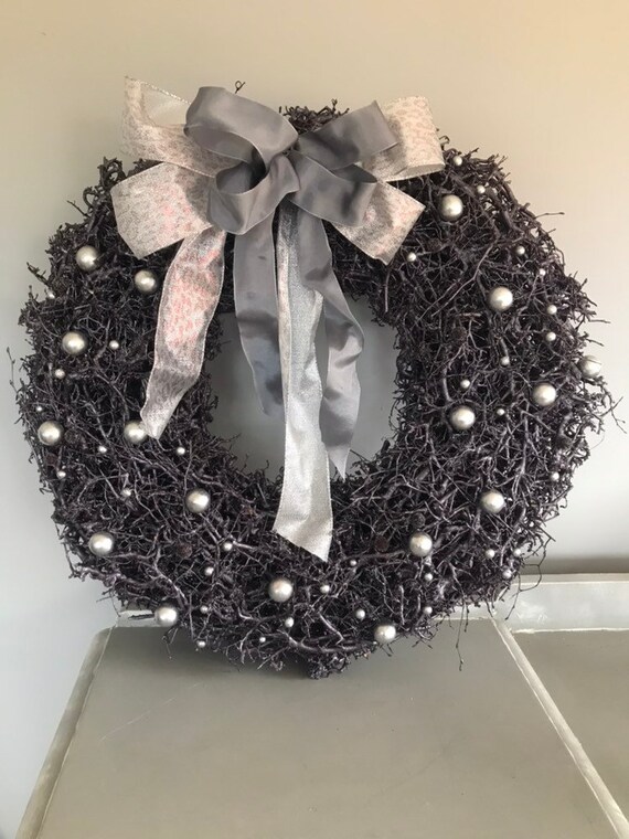 Large 24 inch purple Christmas wreath with baubked in grey and silver, luxury door wreath. Extra large wreath, winter wreath. Door wreath