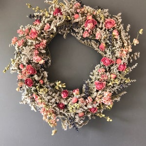 Summer Dried flower wreath, pink and white flower wall decor, pink and white wreath, kitchen wreath, bedroom wreath, house decor