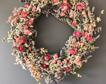 Summer Dried flower wreath, pink and white flower wall decor, pink and white wreath, kitchen wreath, bedroom wreath, house decor