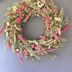 Dried flower wreath, pink and white flower wall decor, pink and white wreath, kitchen wreath, summer wreath, house decor