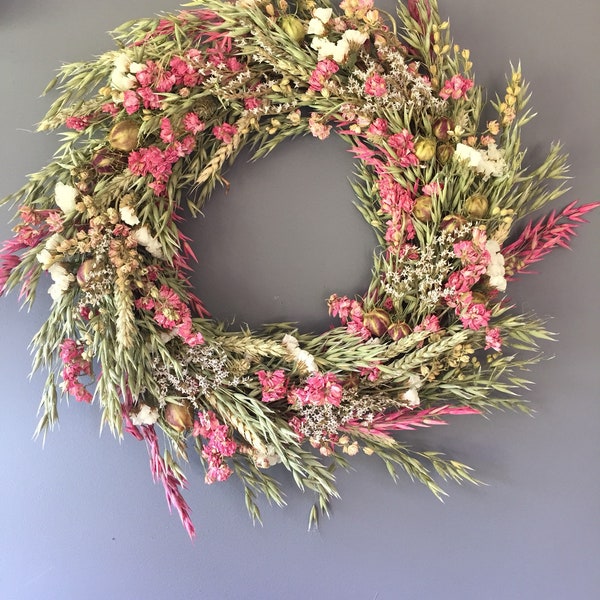 Dried flower wreath, pink and white flower wall decor, pink and white wreath, kitchen wreath, summer wreath, house decor