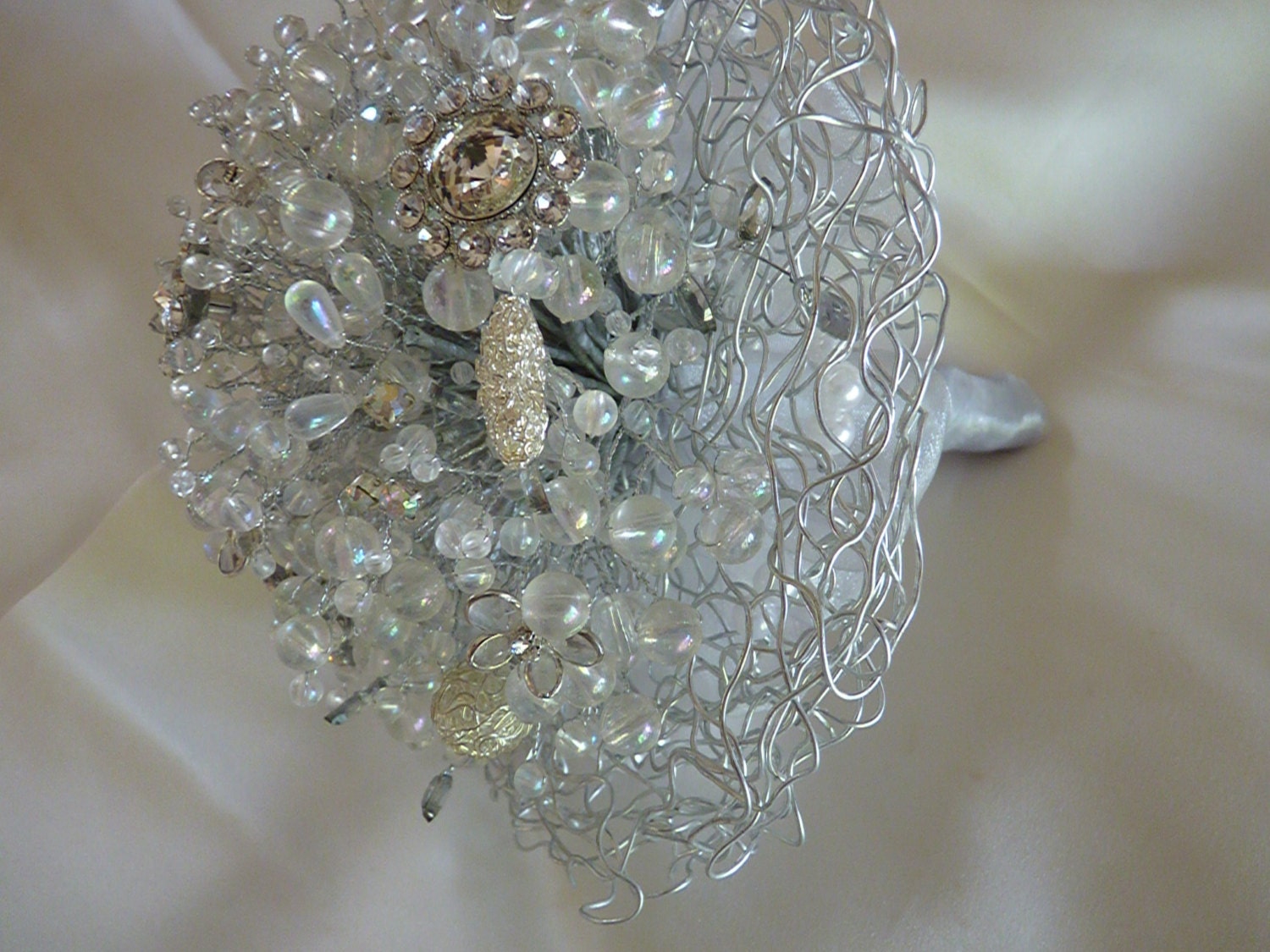 Bridal bouquet wedding flowers butterflies and hearts Silver diamante  brooch crystals wire balls and wire frame in silver