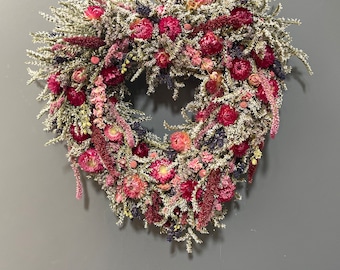 Dried heart wreath in pinks, lavenders and burgundy