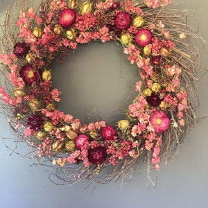 Dried flower wreath in pink, 50 cm wreath, wall decor, pink dried flowers, door wreath. House decor. Birthday gift image 2