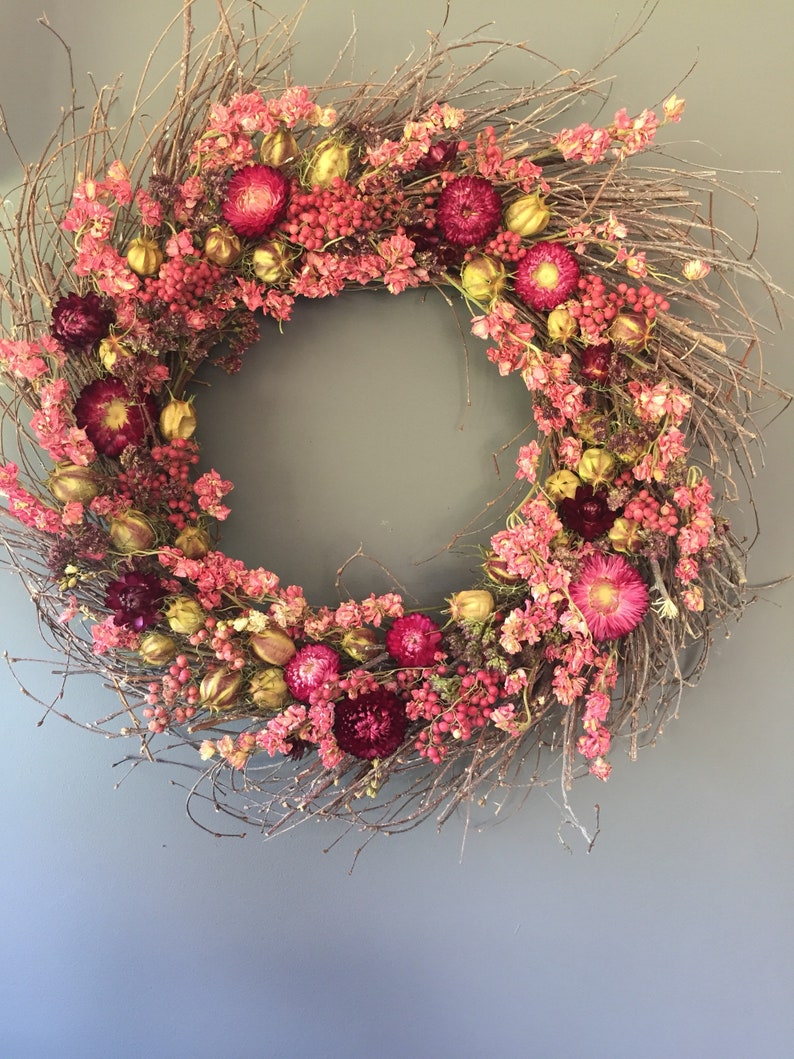 Dried flower wreath in pink, 50 cm wreath, wall decor, pink dried flowers, door wreath. House decor. Birthday gift image 2