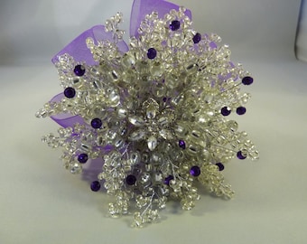 Silver and purple bridesmaids bouquet - Brooch alternative - Purple diamantes - Silver flower brooch - purple ribbon