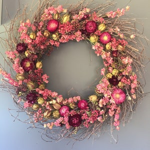 Dried flower wreath in pink, 50 cm wreath, wall decor, pink dried flowers, door wreath. House decor. Birthday gift image 1