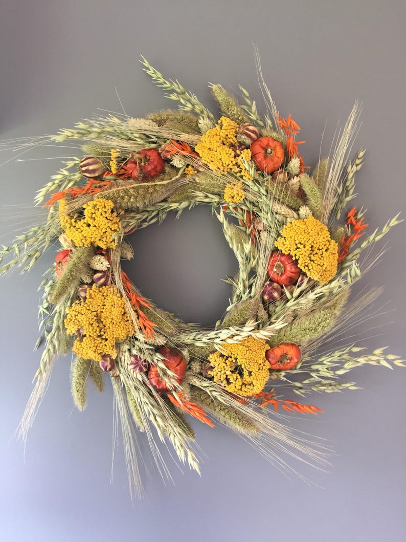 Dried flower wreath, Autumn flower wall decor, pumpkin wreath, kitchen wreath, fall wreath, Autumnal house decor image 4