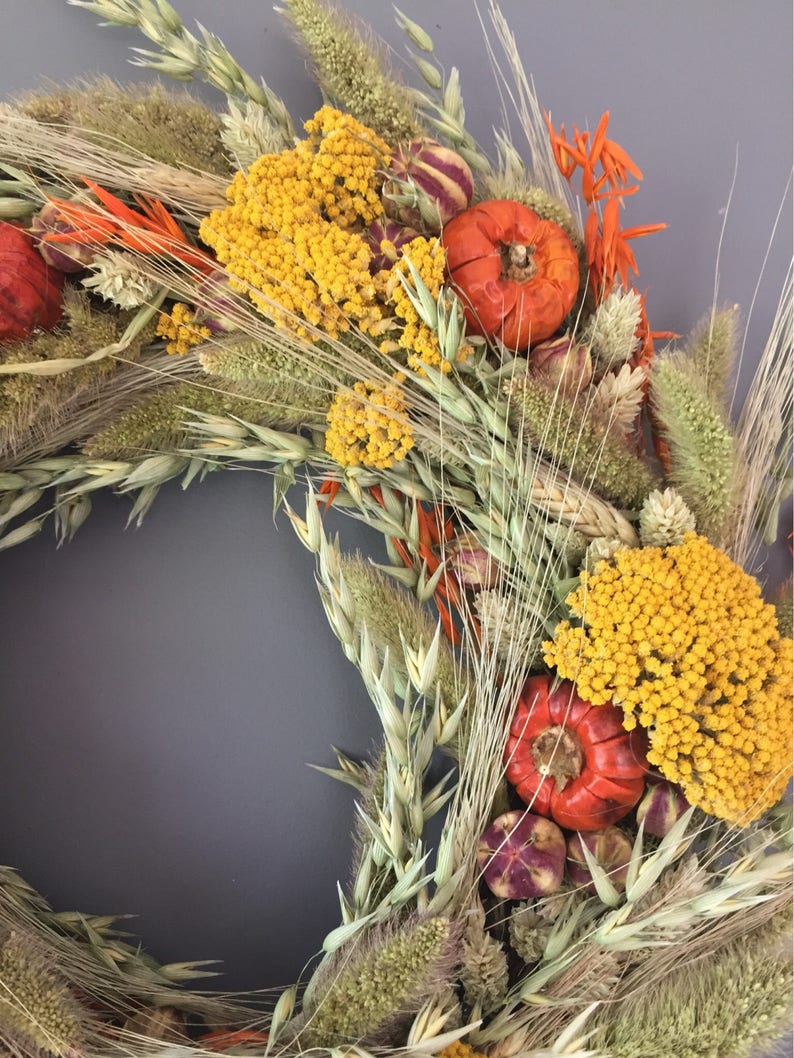 Dried flower wreath, Autumn flower wall decor, pumpkin wreath, kitchen wreath, fall wreath, Autumnal house decor image 5
