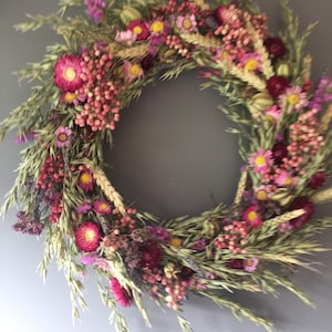 Dried flower wreath, pink flower wall decor, pink wreath, kitchen wreath, summer wreath, house decor