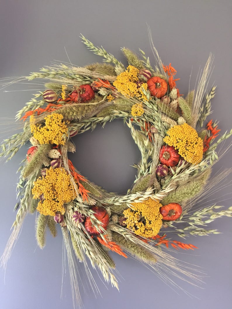 Dried flower wreath, Autumn flower wall decor, pumpkin wreath, kitchen wreath, fall wreath, Autumnal house decor image 3