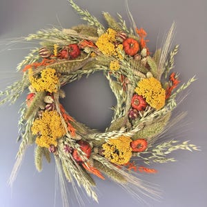 Dried flower wreath, Autumn flower wall decor, pumpkin wreath, kitchen wreath, fall wreath, Autumnal house decor image 1