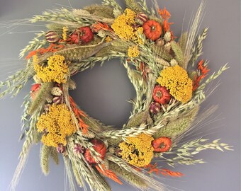 Dried flower wreath, Autumn flower wall decor, pumpkin wreath, kitchen wreath, fall wreath, Autumnal house decor