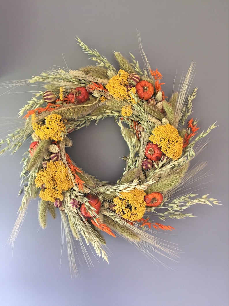 Dried flower wreath, Autumn flower wall decor, pumpkin wreath, kitchen wreath, fall wreath, Autumnal house decor image 1