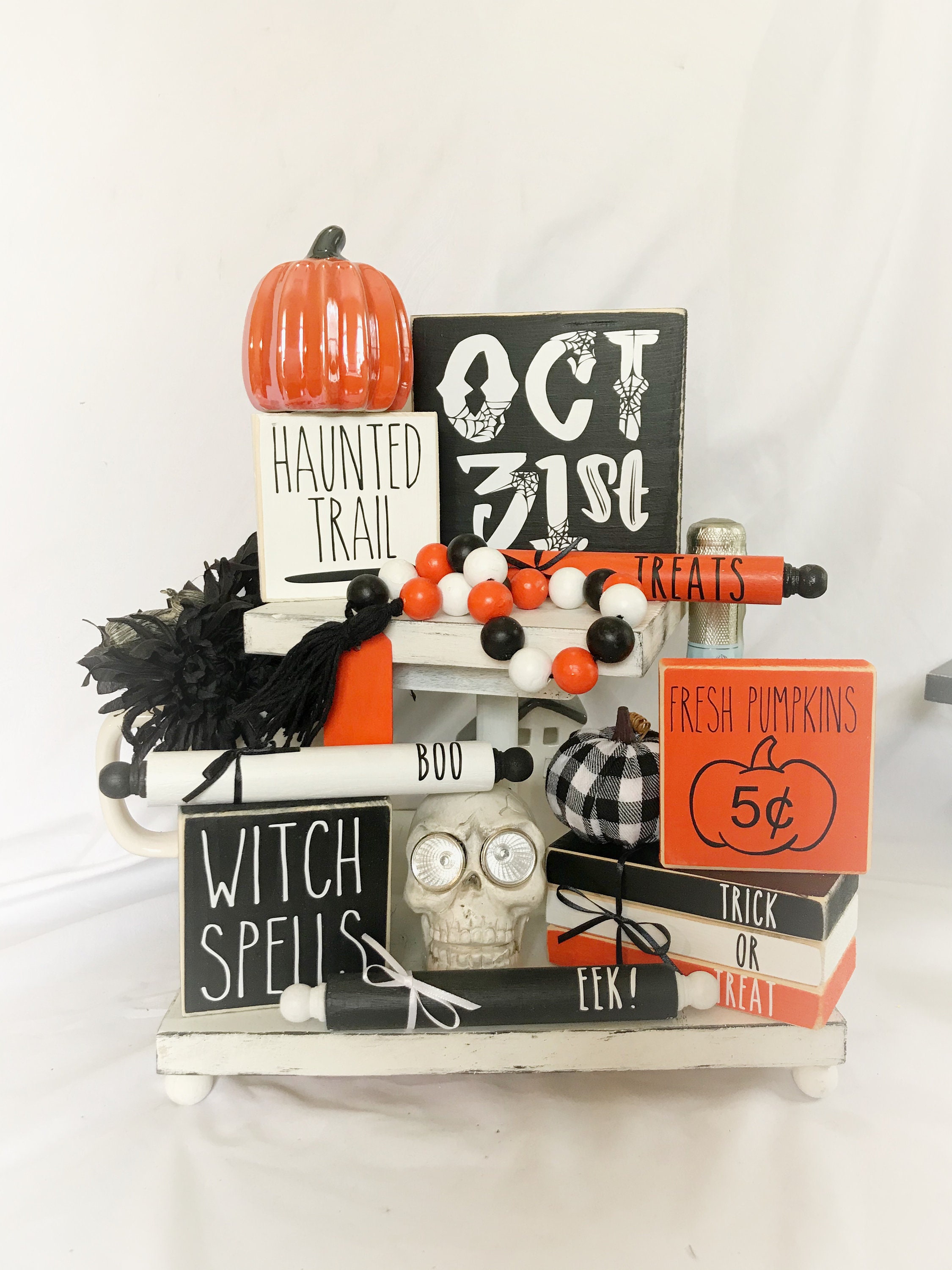 Halloween tiered tray set mini sign Fall tiered tray bundle beaded ga…