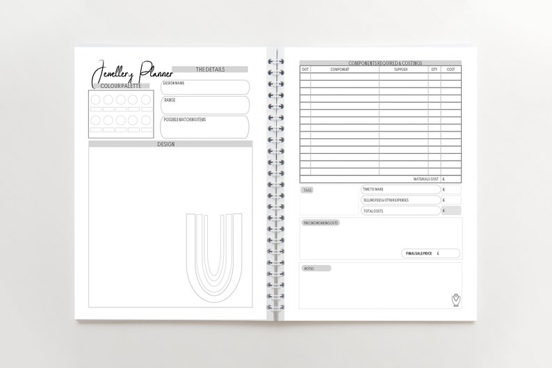 May include: A black and white planner for jewelry makers. The left page has a color palette section and a design section with a simple U-shaped design. The right page has a section for listing components needed and their costs, as well as sections for calculating time to make, additional expenses, and total costs.