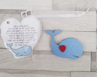 Worry Whale Anxiety Aid - Positivity Gift - Mental Wellbeing - Self Care - Wooden Animal Shape - Pocket Hug - Token Gift - Pick Me Up