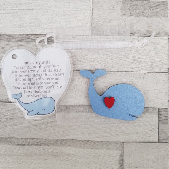 Worry Whale Anxiety Aid - Positivity Gift - Mental Wellbeing - Self Care - Wooden Animal Shape - Pocket Hug - Token Gift - Pick Me Up