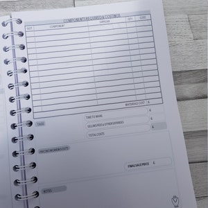 May include: A white and gray planner with a section for listing components, suppliers, quantities, and costs. There are also sections for time to make, selling fees, total costs, materials cost, and final sale price.