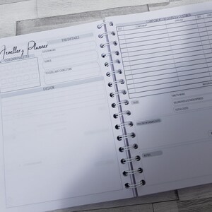May include: A blank page from a jewelry planner notebook with sections for design details, component costs, and final sale price.