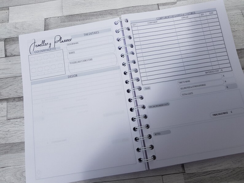 May include: A blank page from a jewelry planner notebook with sections for design details, component costs, and final sale price.