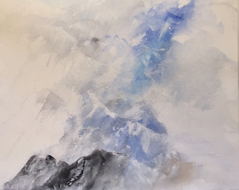 Original watercolor, title: Veduta aerea sulle montagne innevata