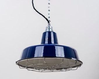 Fabriklampe 31cm Schutzgitter Emaillelampe Enamel blau