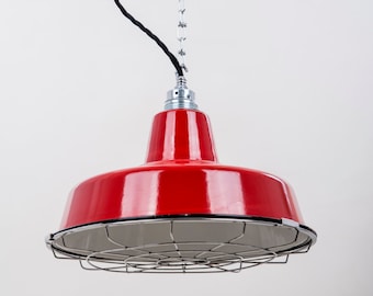 Fabriklampe 31cm Schutzgitter Emaillelampe Enamel rot